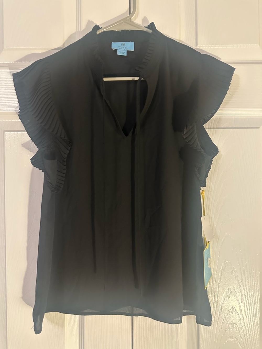 CeCe Black Pleated Flutter Sleeve Tie-Neck Blouse